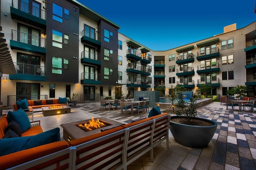One Bedroom Apartments in Tempe AZ - Vela at Tempe Town Lake - Fire Pit Patio Lounge with Patio Furniture and Fire Pits.